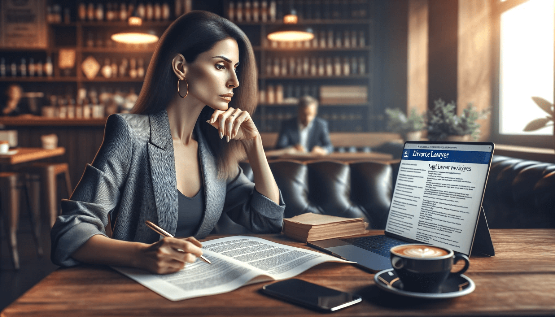 a woman in a coffee shop choosing a divorce lawyer